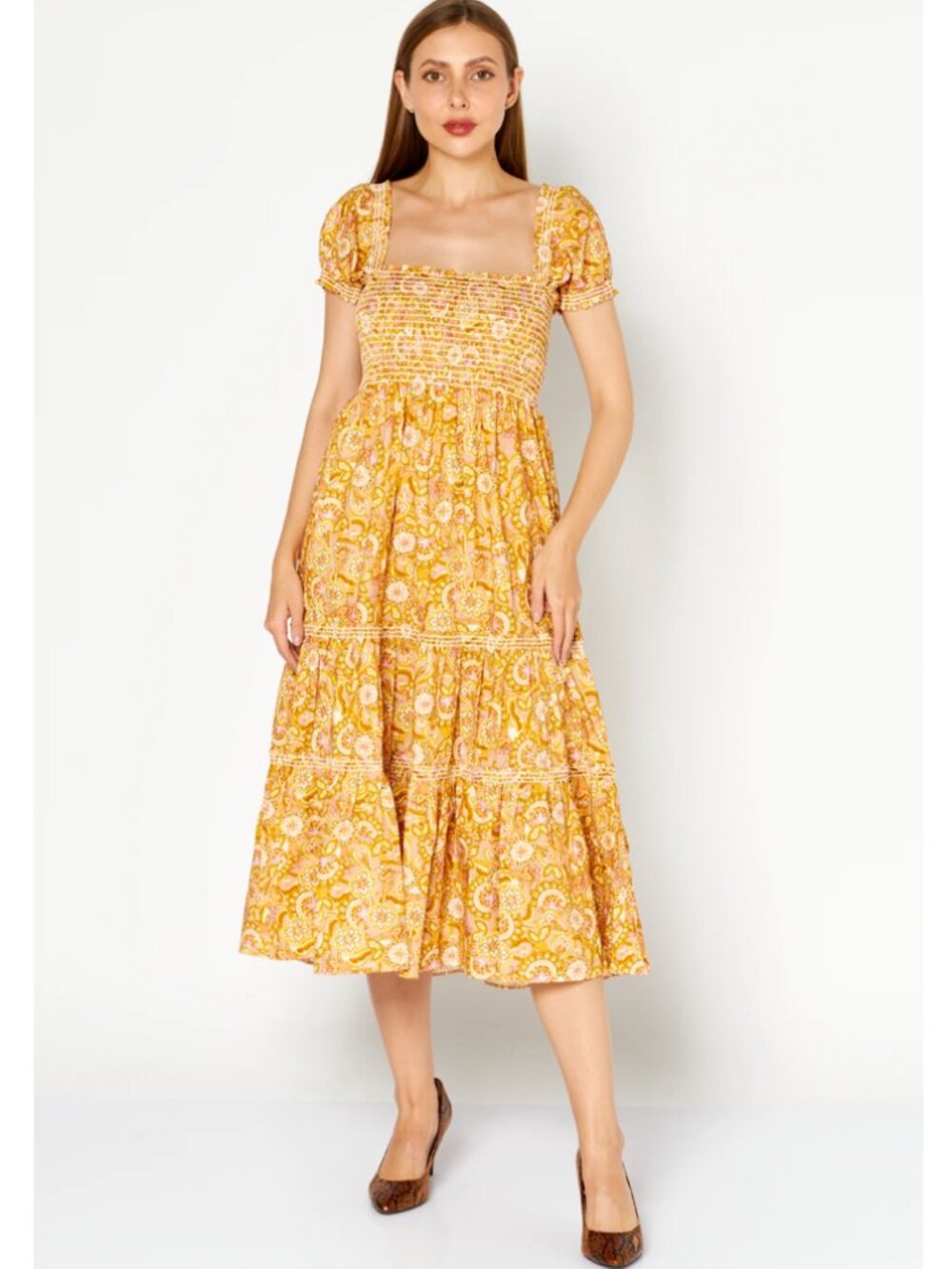 NEW O.P.T. Daphne Ruffle Cotton Floral Paisley Midi Dress Gold-Yellow/Orange - S